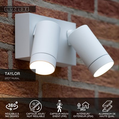 Lucide TAYLOR - Spot mural / Applique mural Intérieur/Extérieur - 2xGU10 - IP54 - Détecteur De Mouvement - Blanc